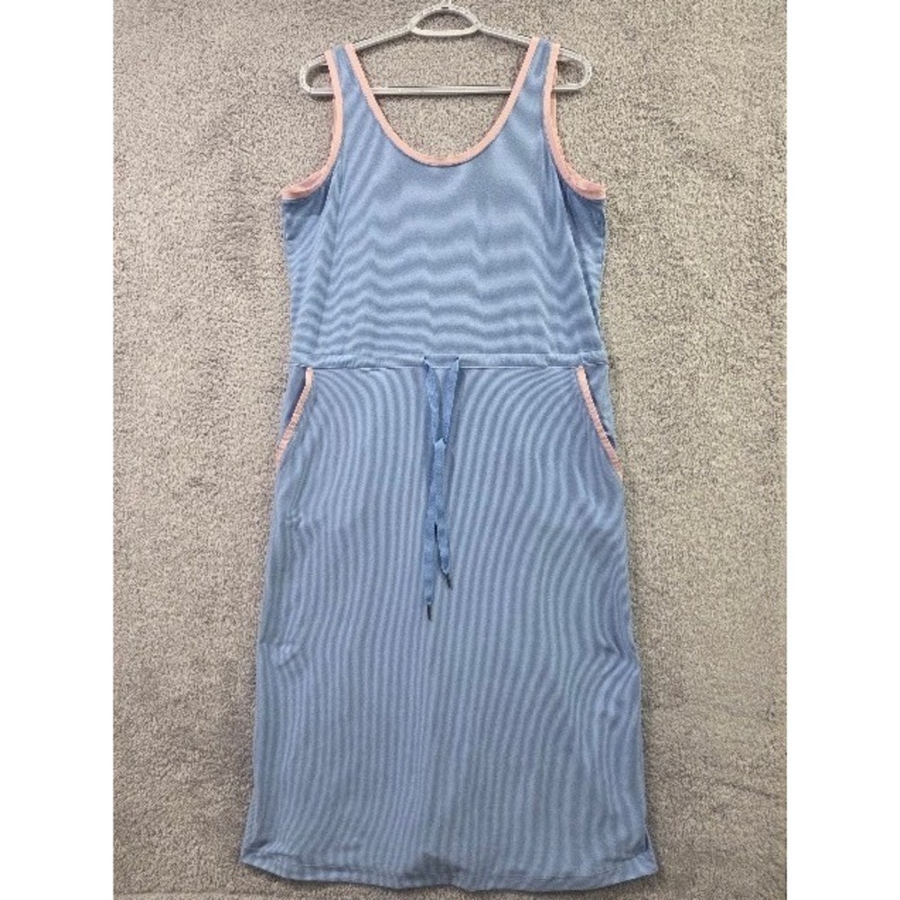 Columbia PFG Tank Dress Women LG Blue Striped Omni-Wick Drawstring Waist Pockets